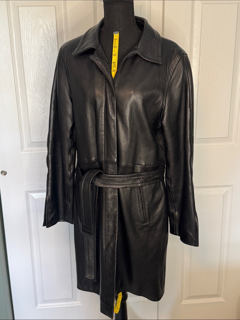 Women's Black Leather Belted Trench Coat
